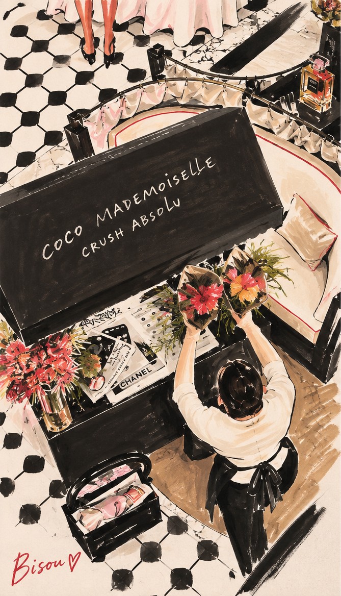 Coco Mademoiselle Crush Absolu illustration — a large black box lettered Crush Absolu opened over a checkered floor, flowers and CHANEL press cards inside.