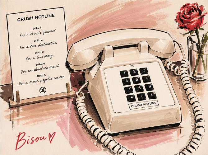Illustration of a cream rotary telephone beside a Crush Hotline card and a single red rose.