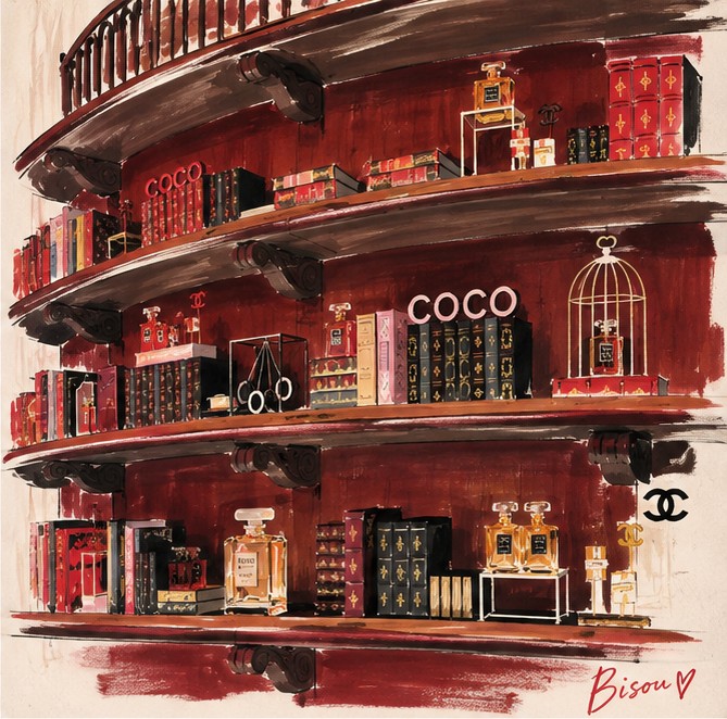 Illustration of a curved red lacquer library wall lined with Coco Mademoiselle bottles, gilded books and a birdcage.