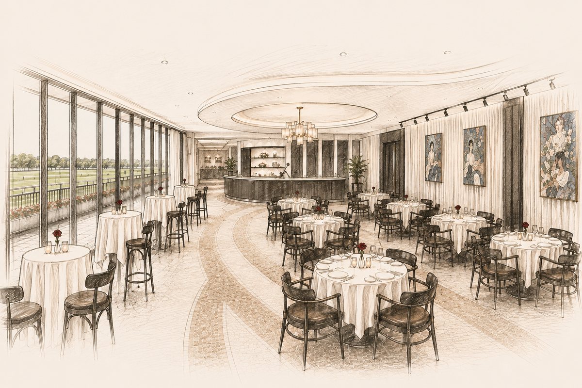 Illustration of the Bisou Lounge at Meydan, tables dressed in white linen beside a window over the racecourse.