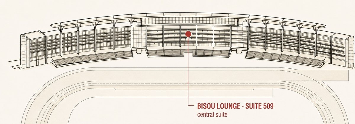 Diagram of the Meydan Grandstand marking the location of Bisou Lounge, Suite 509, at the centre of the stand above the track.